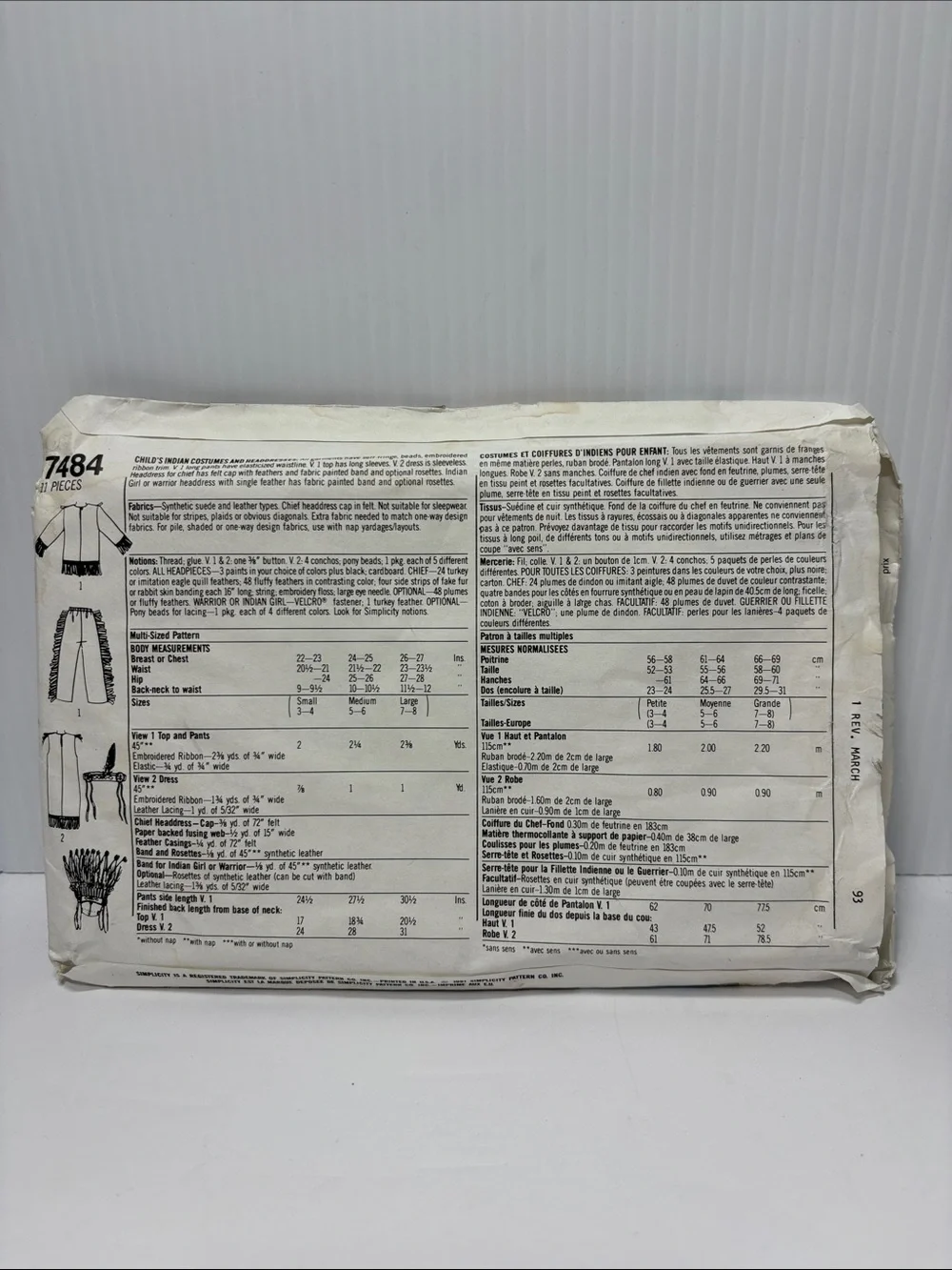 Simplicity 7484 Native American Sewing Patterns sizes small-large